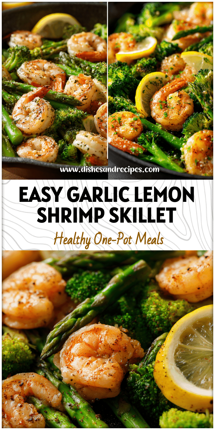 Skillet filled with garlic lemon shrimp, broccoli, and asparagus showing a colorful keto dinner shrimp and healthy recipe.